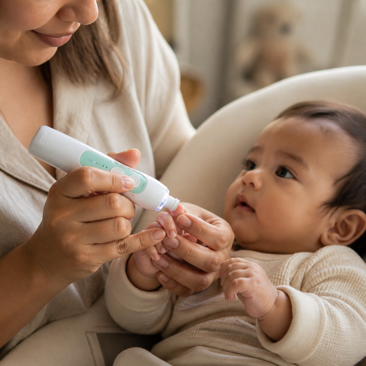 Parent using electric nail buffer on baby nails