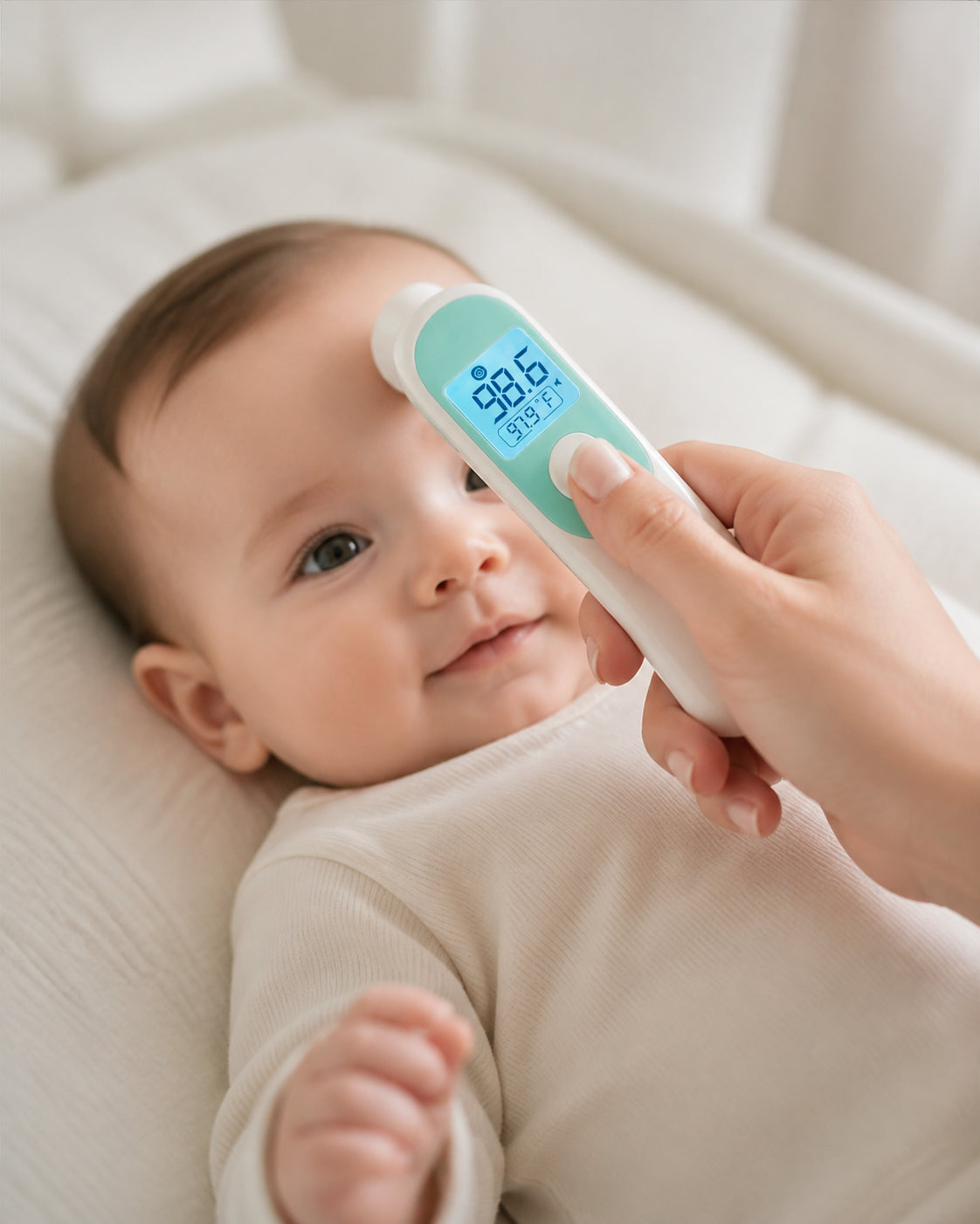 Thermometer checking baby temperature