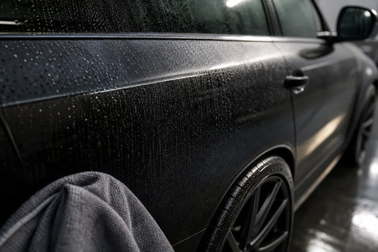 Premium close-up of clean car panel and wheel after water spot care