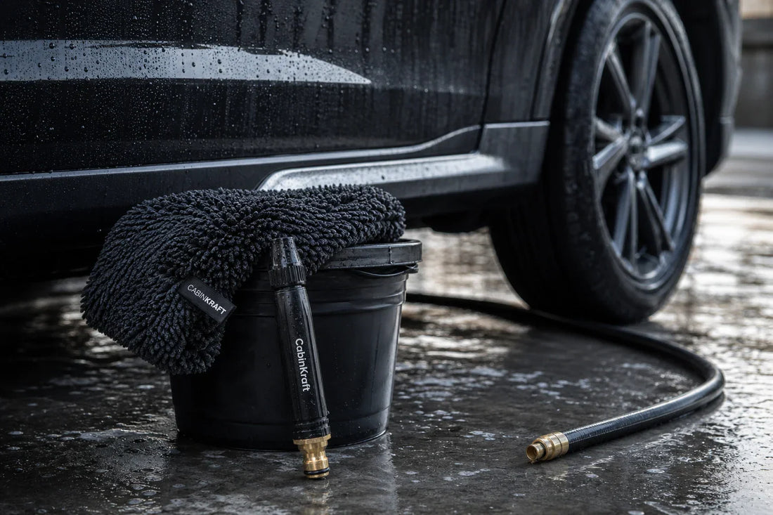Premium driveway car wash kit with hose spray nozzle and microfiber towels