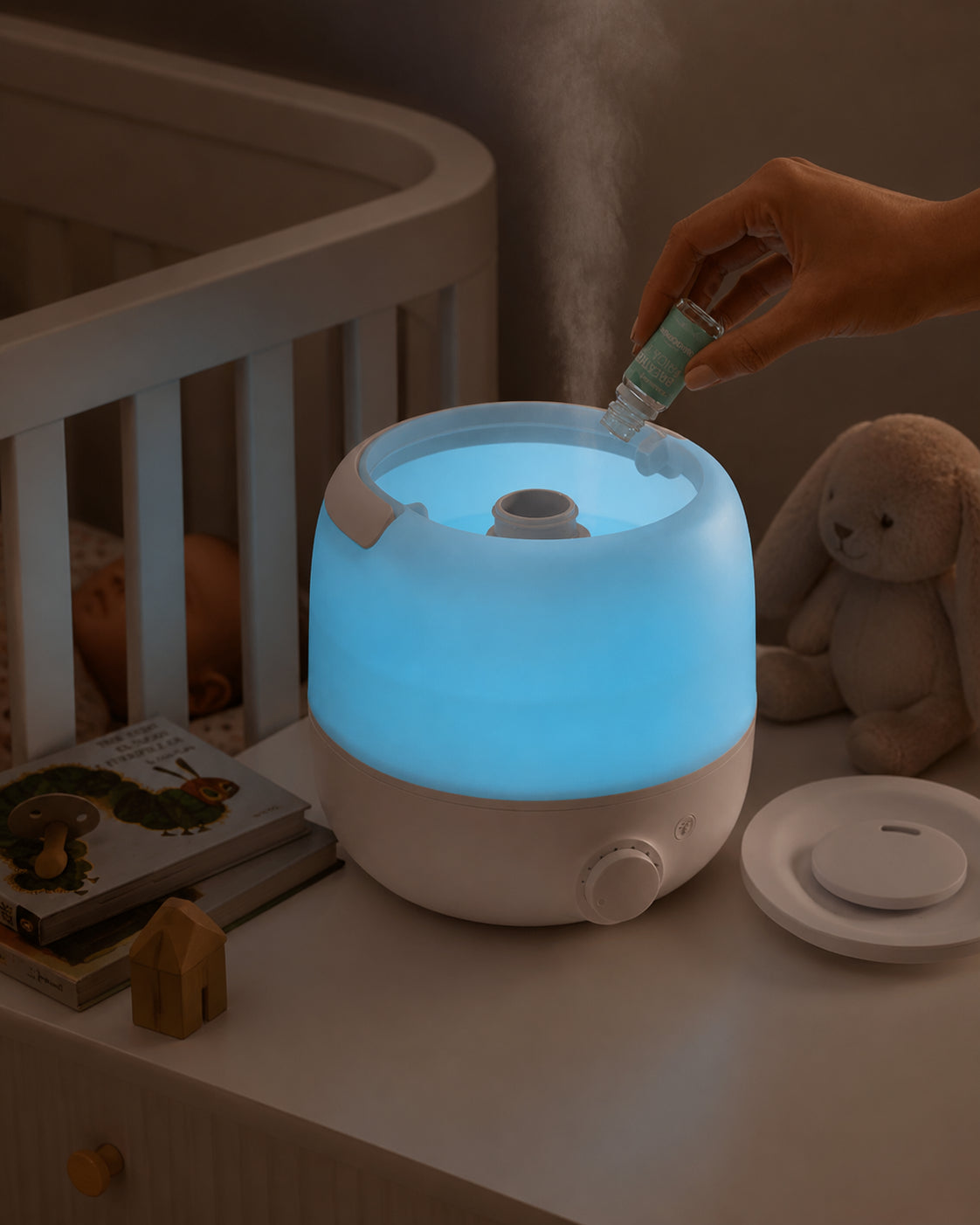 Humidifier glowing softly in nursery